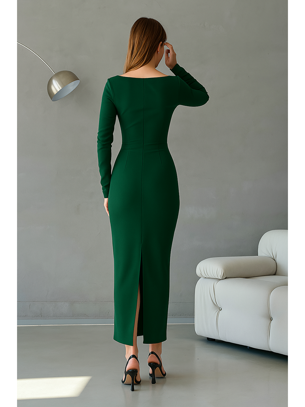 Yeşil Kalp Yaka Yırtmaçlı Uzun Kollu Uzun Elbise-1