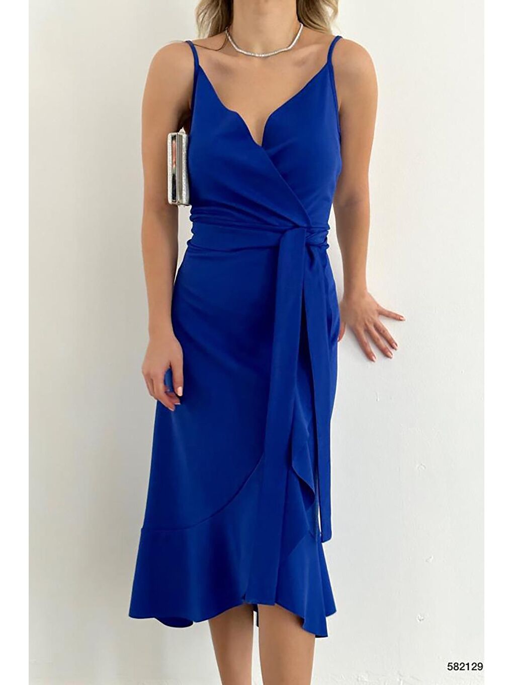 Saks Mavisi Volanlı Midi Boy Kuşaklı Elbise-1