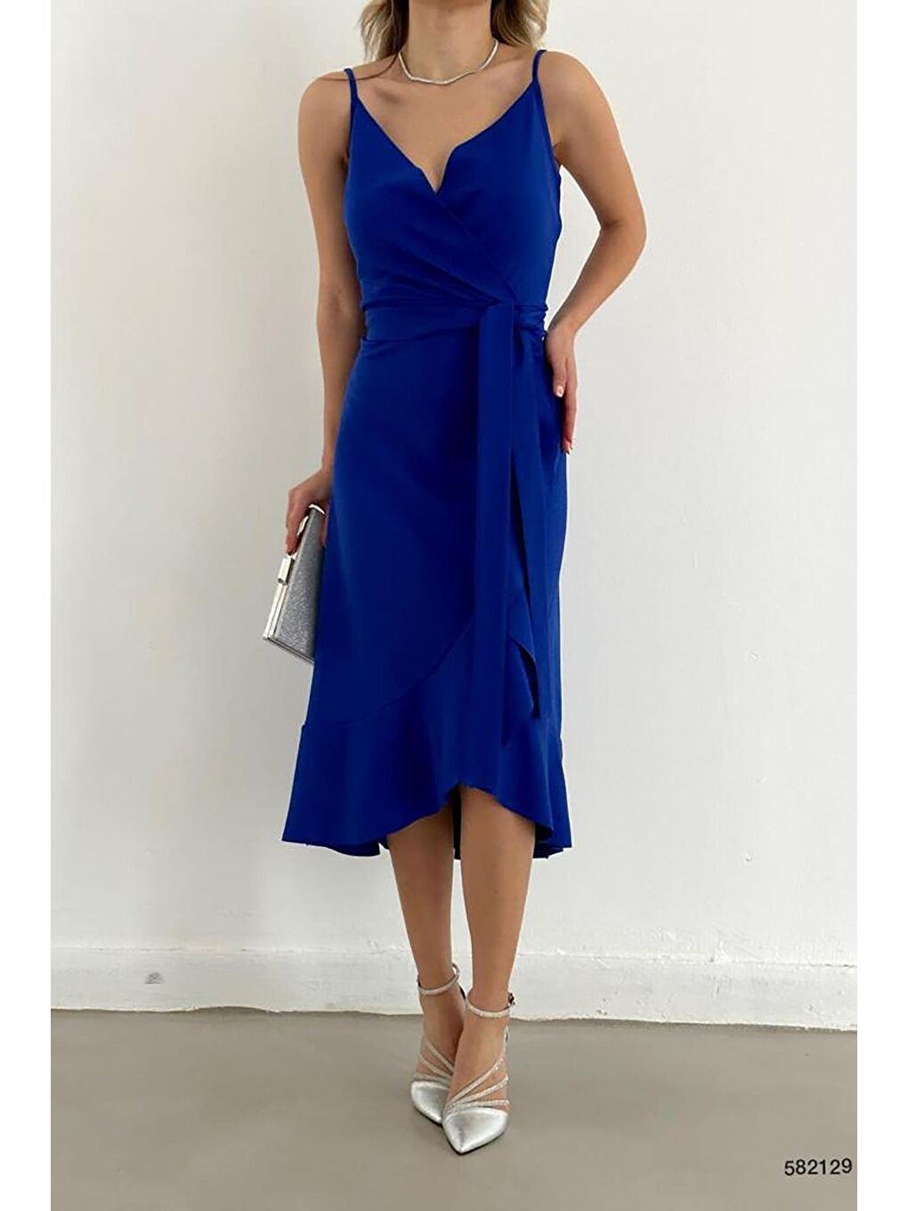 Saks Mavisi Volanlı Midi Boy Kuşaklı Elbise-2