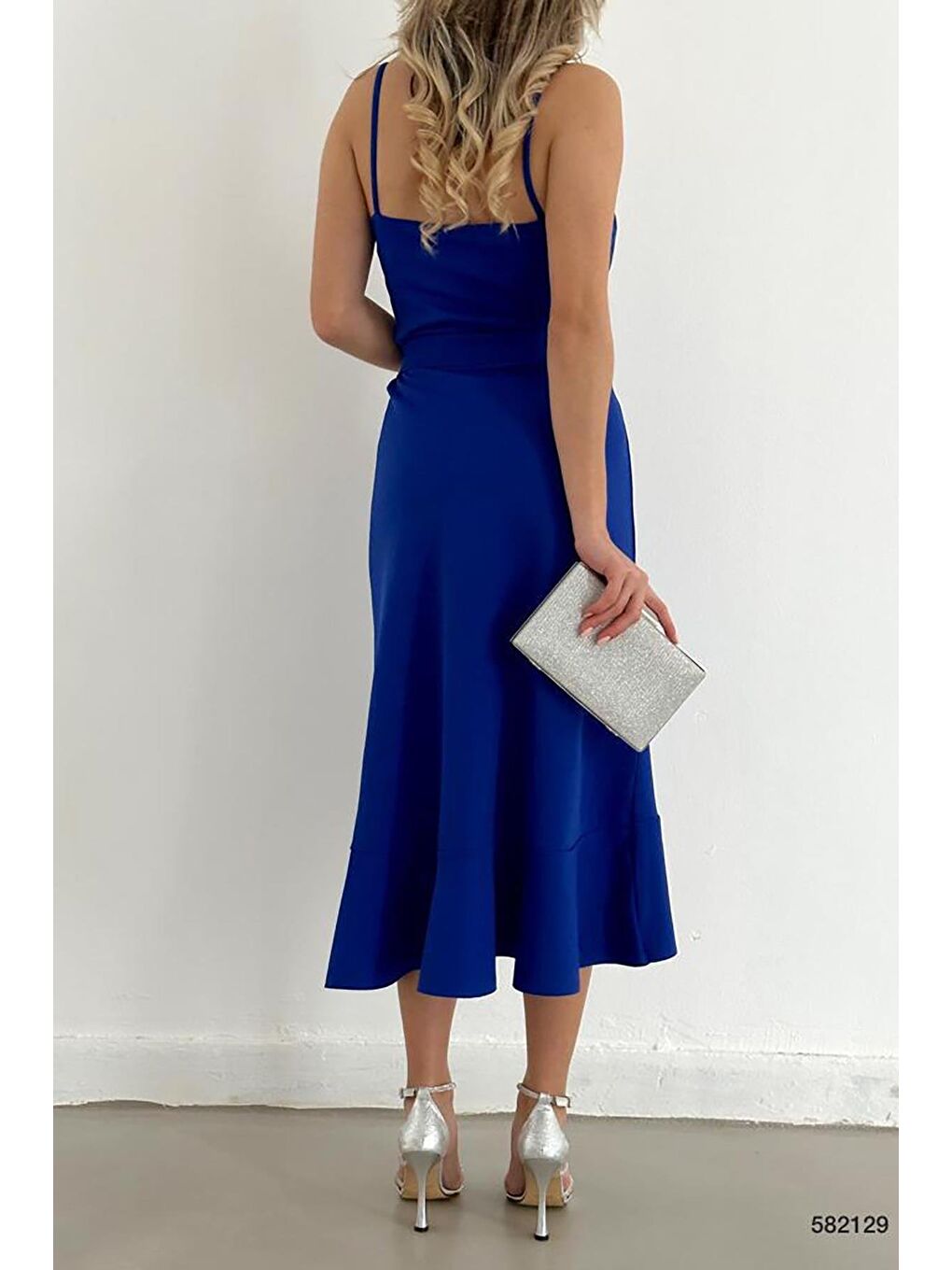 Saks Mavisi Volanlı Midi Boy Kuşaklı Elbise-3