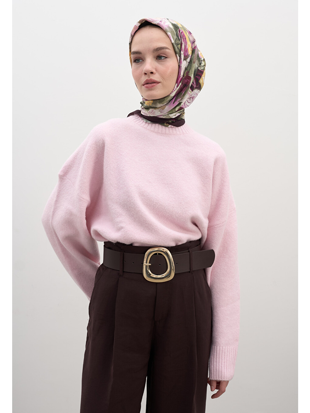 Rose Breeze Desen Pamuklu Viskon Eşarp Mürdüm-1