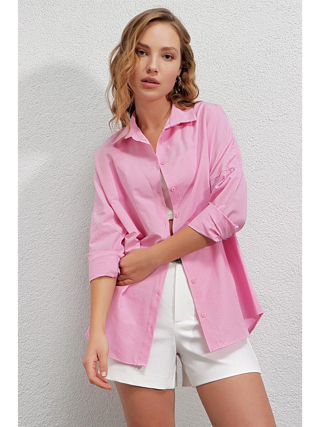 hazelin Pembe Kadın Pembe Oversize Uzun Basic Gömlek Hzl22w-bd139001