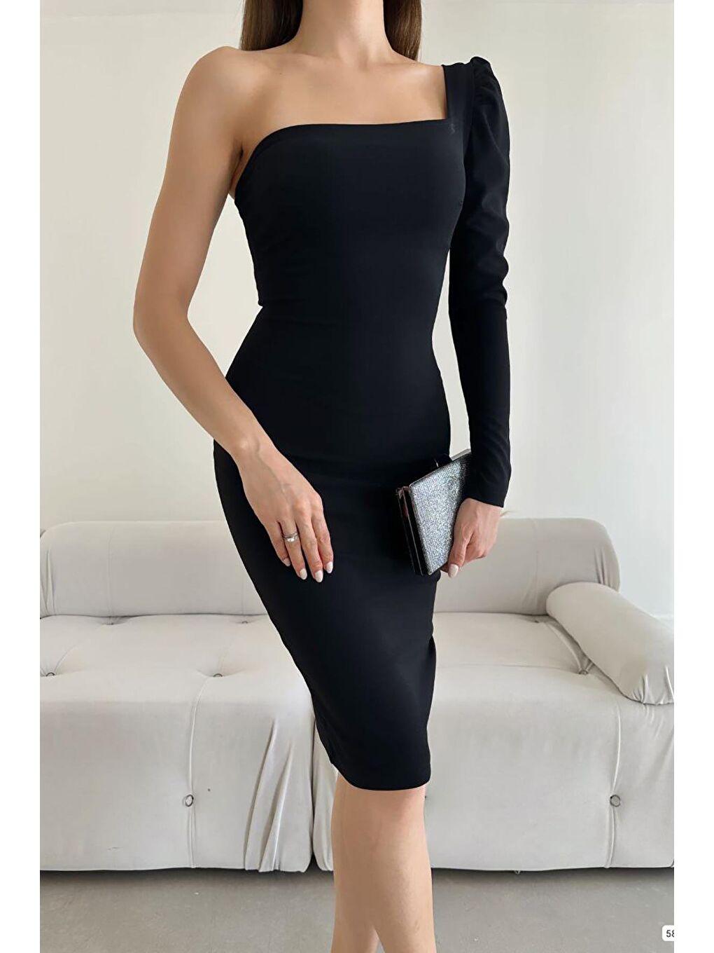 Siyah Tek Kol Midi Boy Krep Kumaş Elbise-1