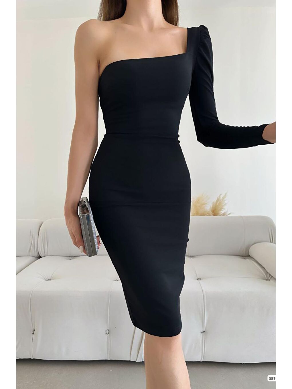 Siyah Tek Kol Midi Boy Krep Kumaş Elbise-2