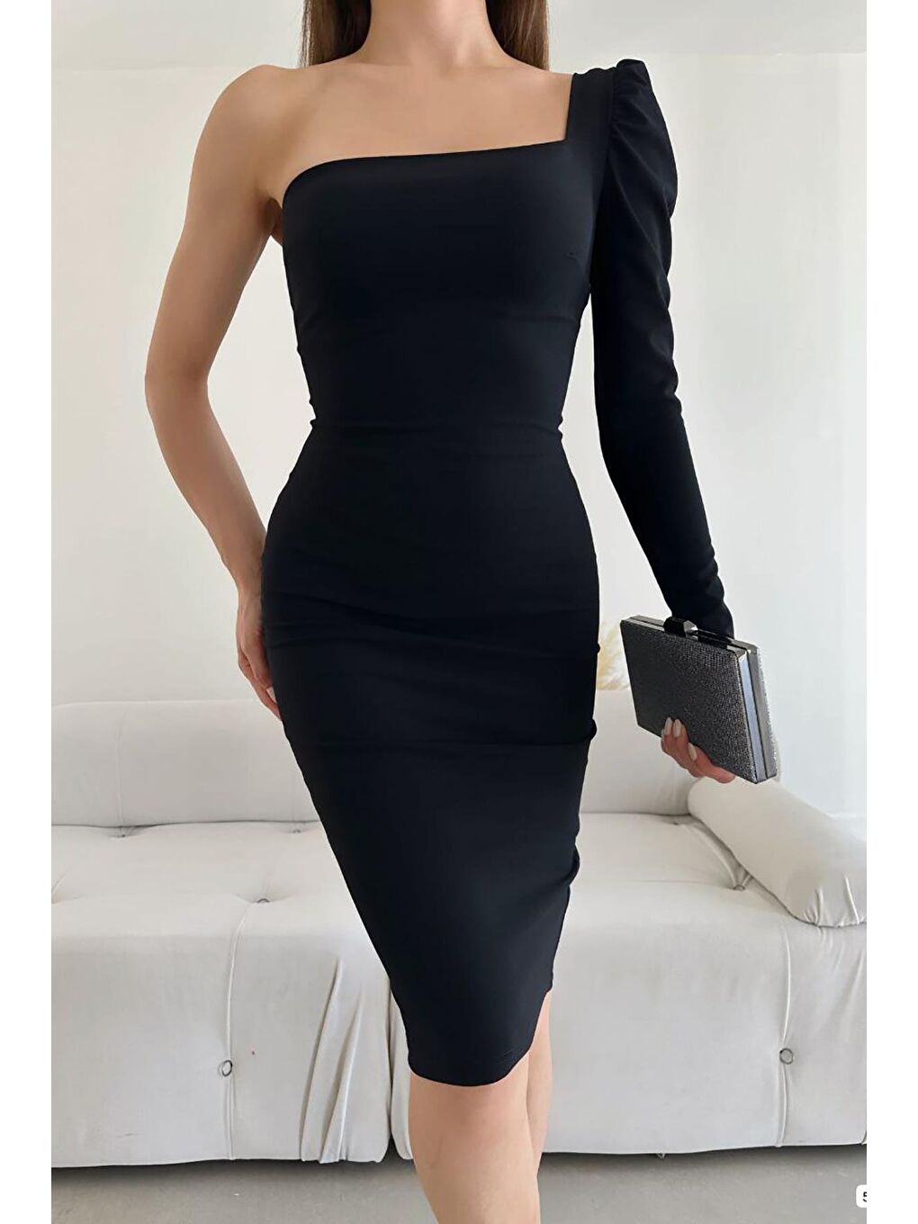 Siyah Tek Kol Midi Boy Krep Kumaş Elbise-3