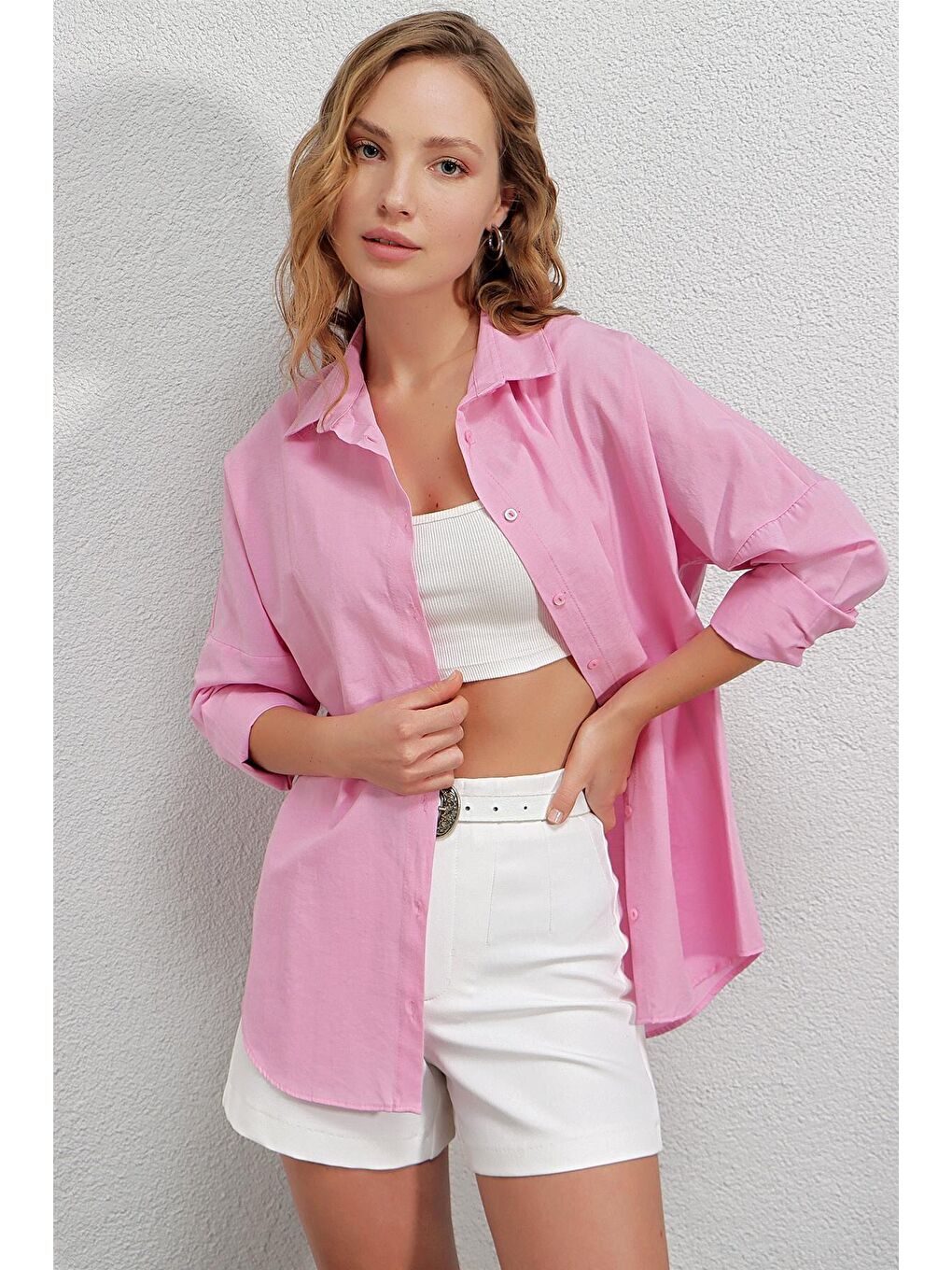 hazelin Pembe Kadın Pembe Oversize Uzun Basic Gömlek Hzl22w-bd139001 - 1