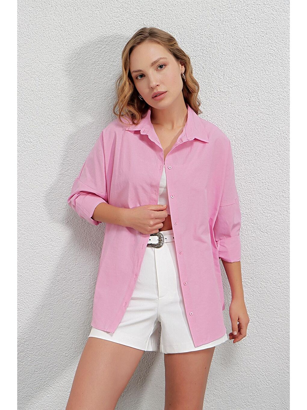 hazelin Pembe Kadın Pembe Oversize Uzun Basic Gömlek Hzl22w-bd139001 - 4