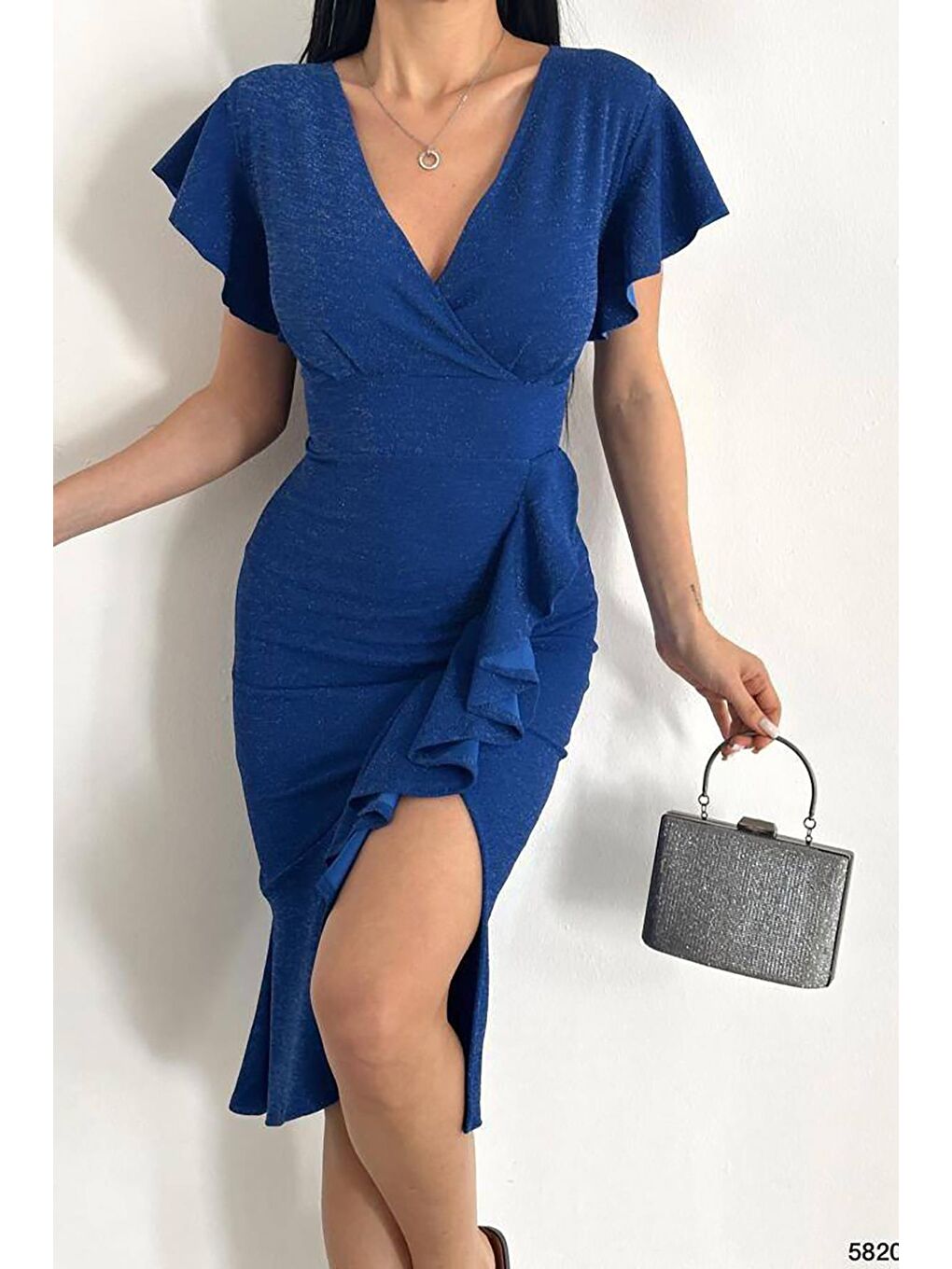 Saks Mavisi Flowers Volanlı Kumaş Simli Elbise-1