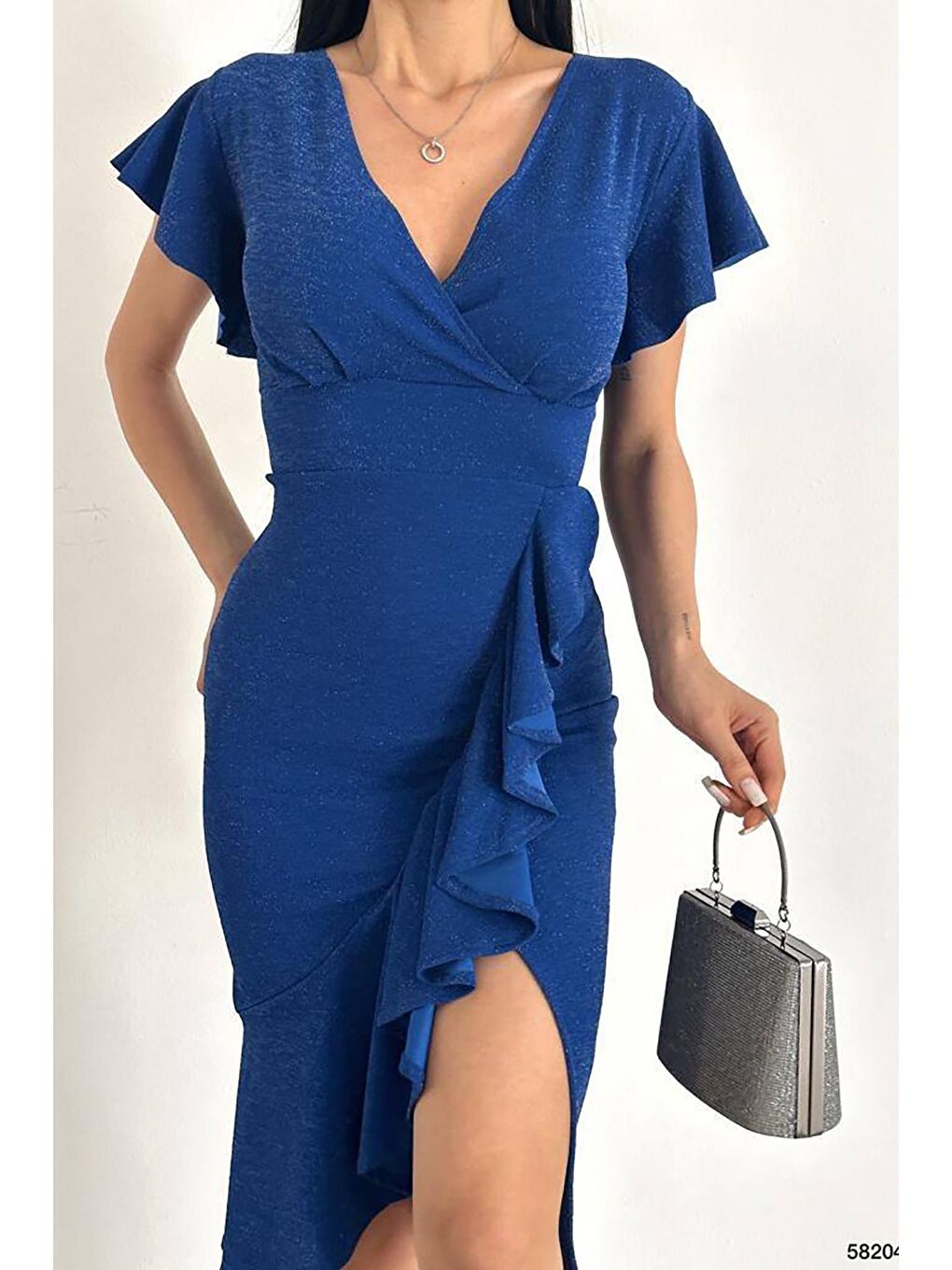 Saks Mavisi Flowers Volanlı Kumaş Simli Elbise-2