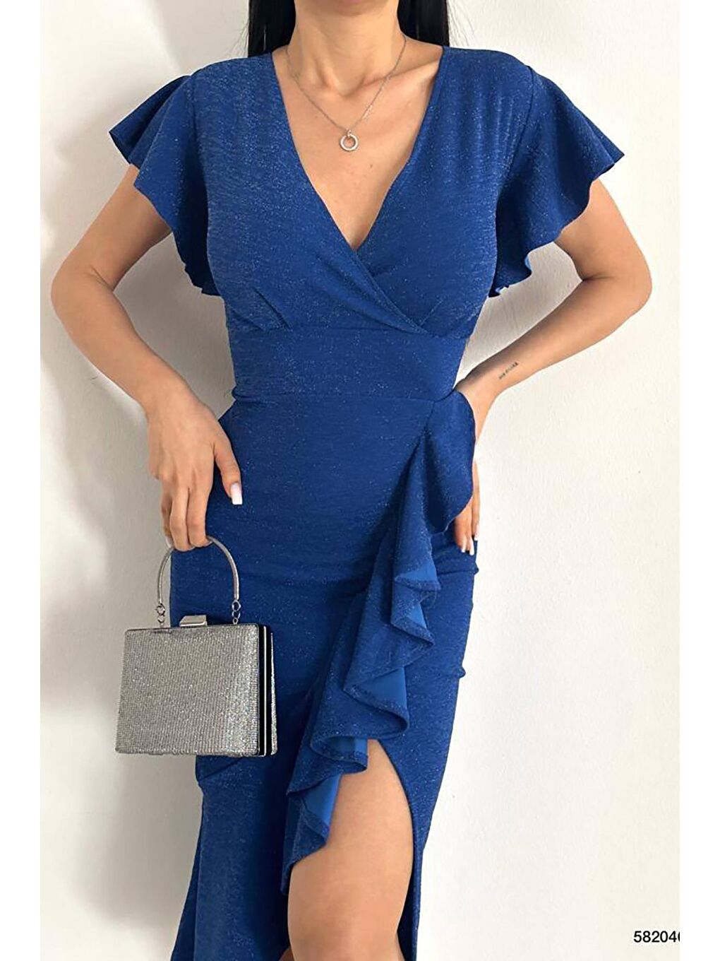 Saks Mavisi Flowers Volanlı Kumaş Simli Elbise-3