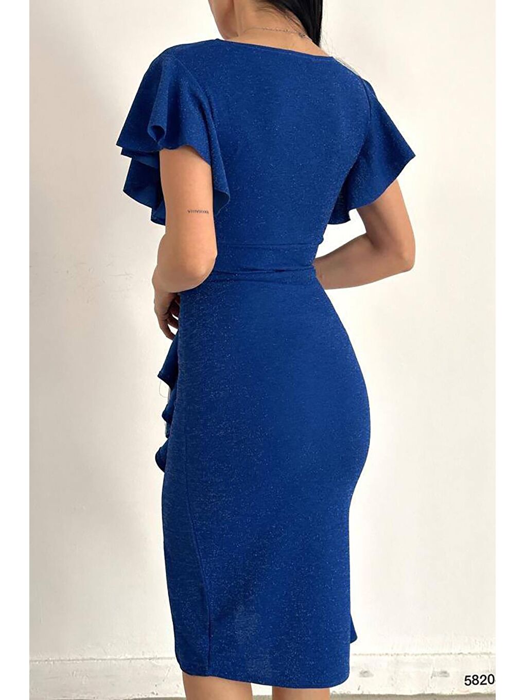 Saks Mavisi Flowers Volanlı Kumaş Simli Elbise-4