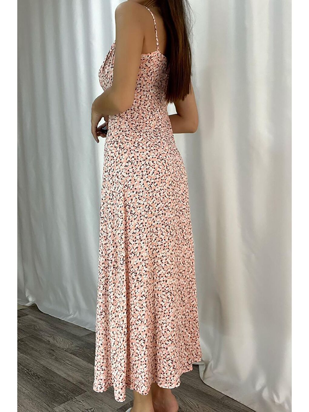 Pembe Pudra İnce Askılı Ön Bağlamalı Yırtmaç Detay Dokuma Elbise-1