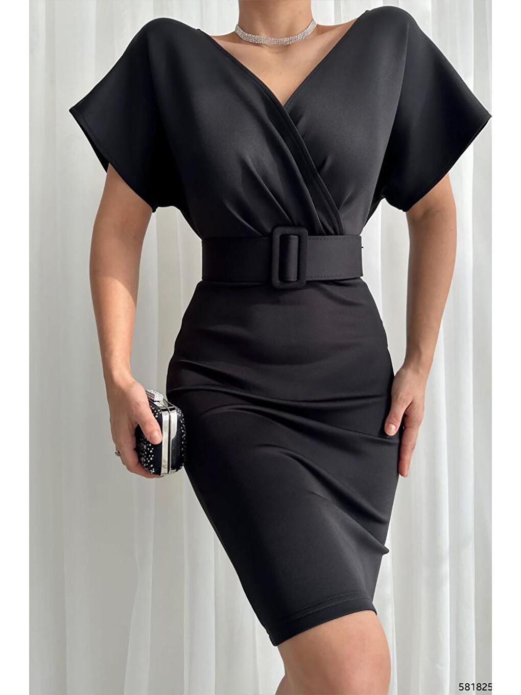 Siyah Kruvaze Yaka Kemerli Scuba Elbise-2