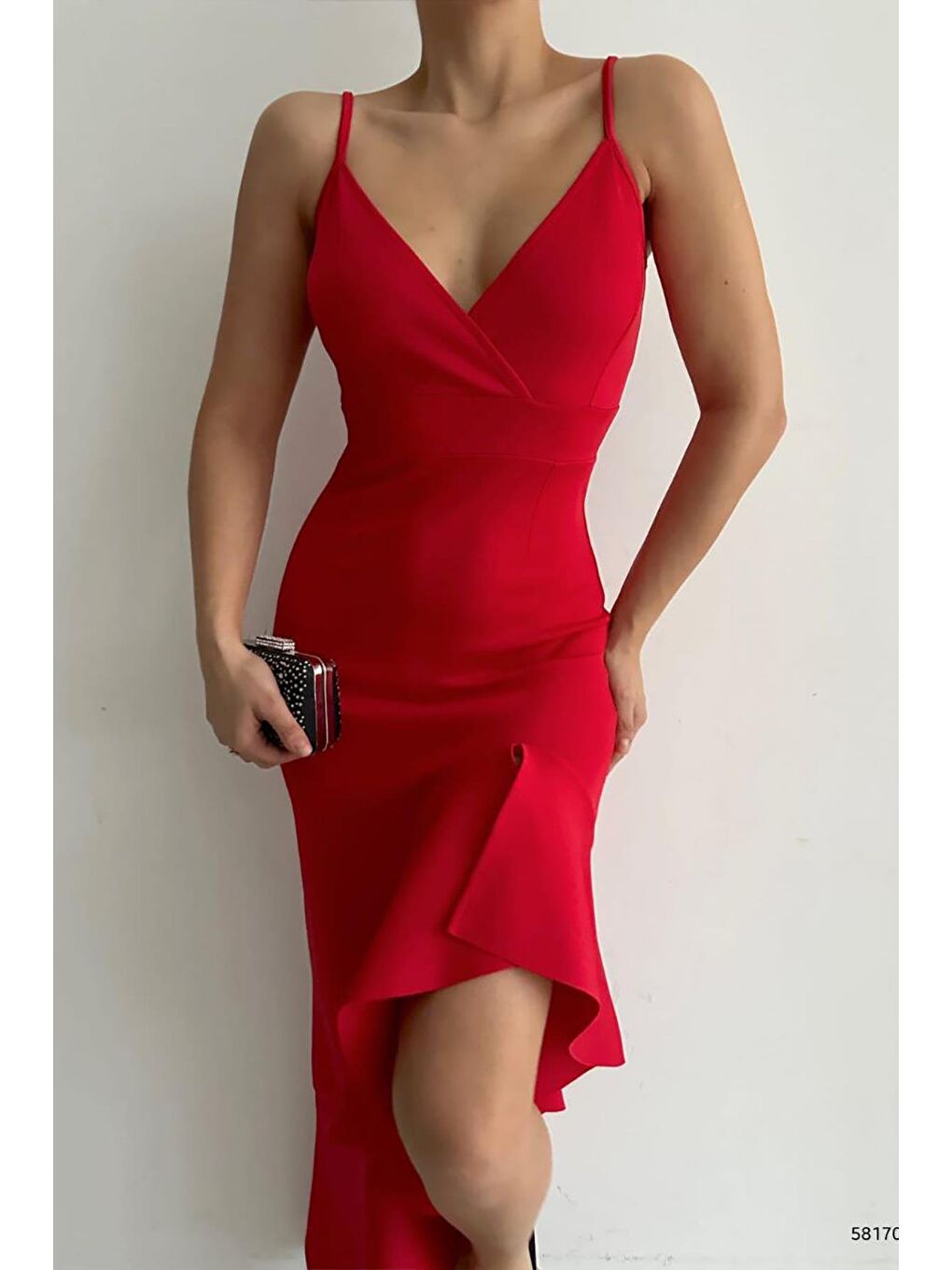 Kırmızı İnce Askılı Etek Ucu Asimetrik Volanlı Scuba Kumaş Abiye Elbise-1