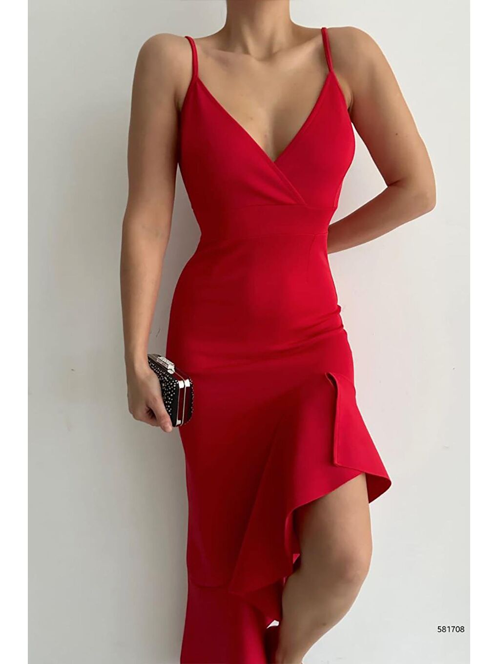 Kırmızı İnce Askılı Etek Ucu Asimetrik Volanlı Scuba Kumaş Abiye Elbise-2
