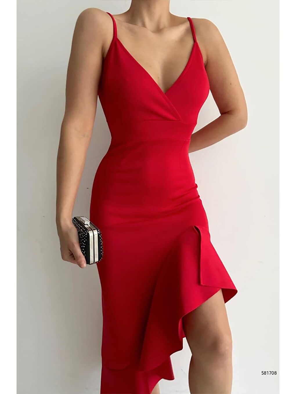 Kırmızı İnce Askılı Etek Ucu Asimetrik Volanlı Scuba Kumaş Abiye Elbise-3