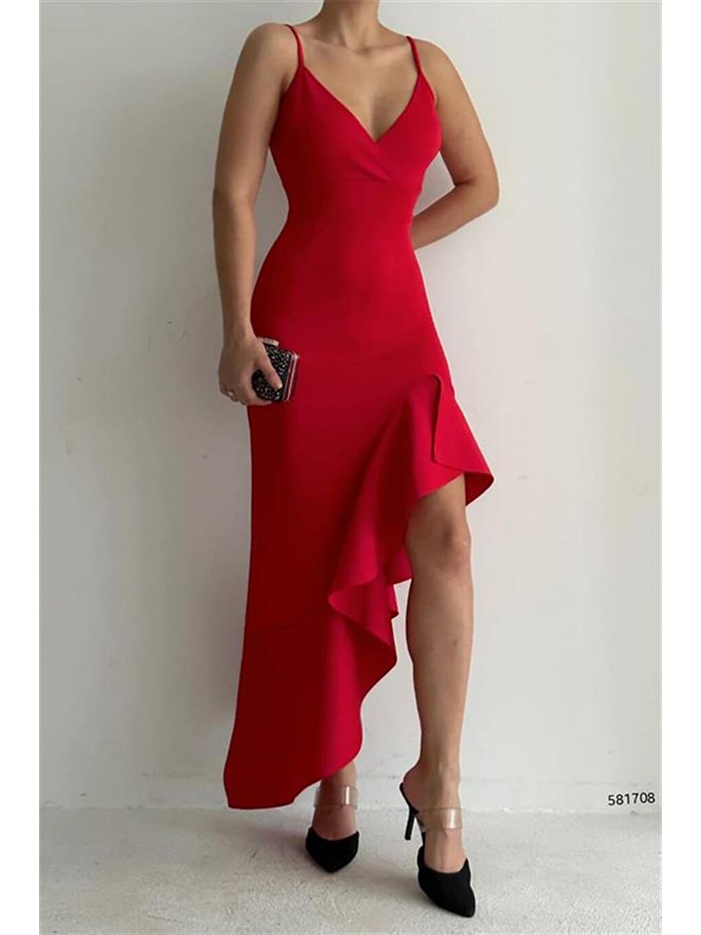 Kırmızı İnce Askılı Etek Ucu Asimetrik Volanlı Scuba Kumaş Abiye Elbise-5