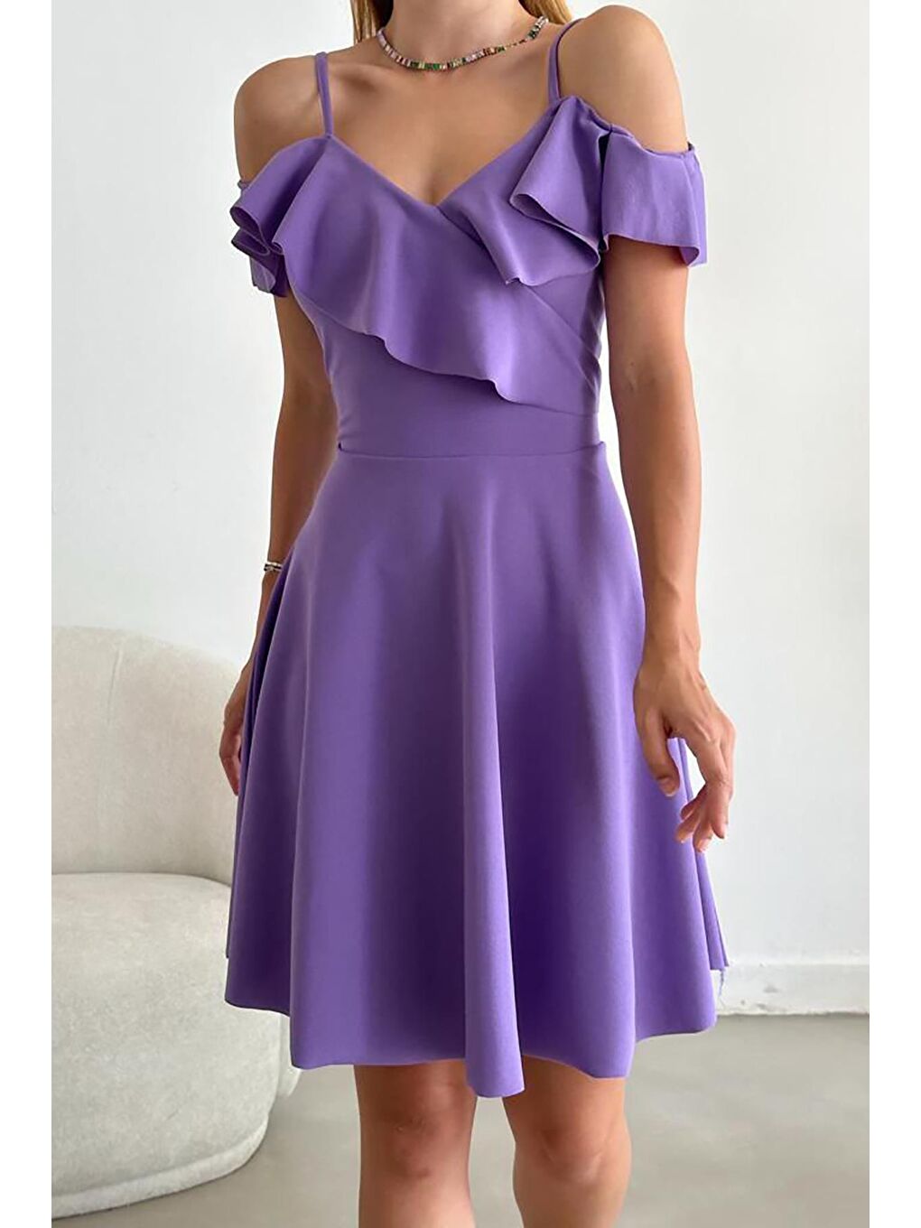 Lila Askılı Omuz Fırfırlı Elbise-3