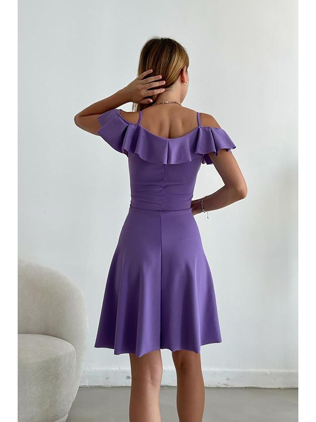 Lila Askılı Omuz Fırfırlı Elbise-4