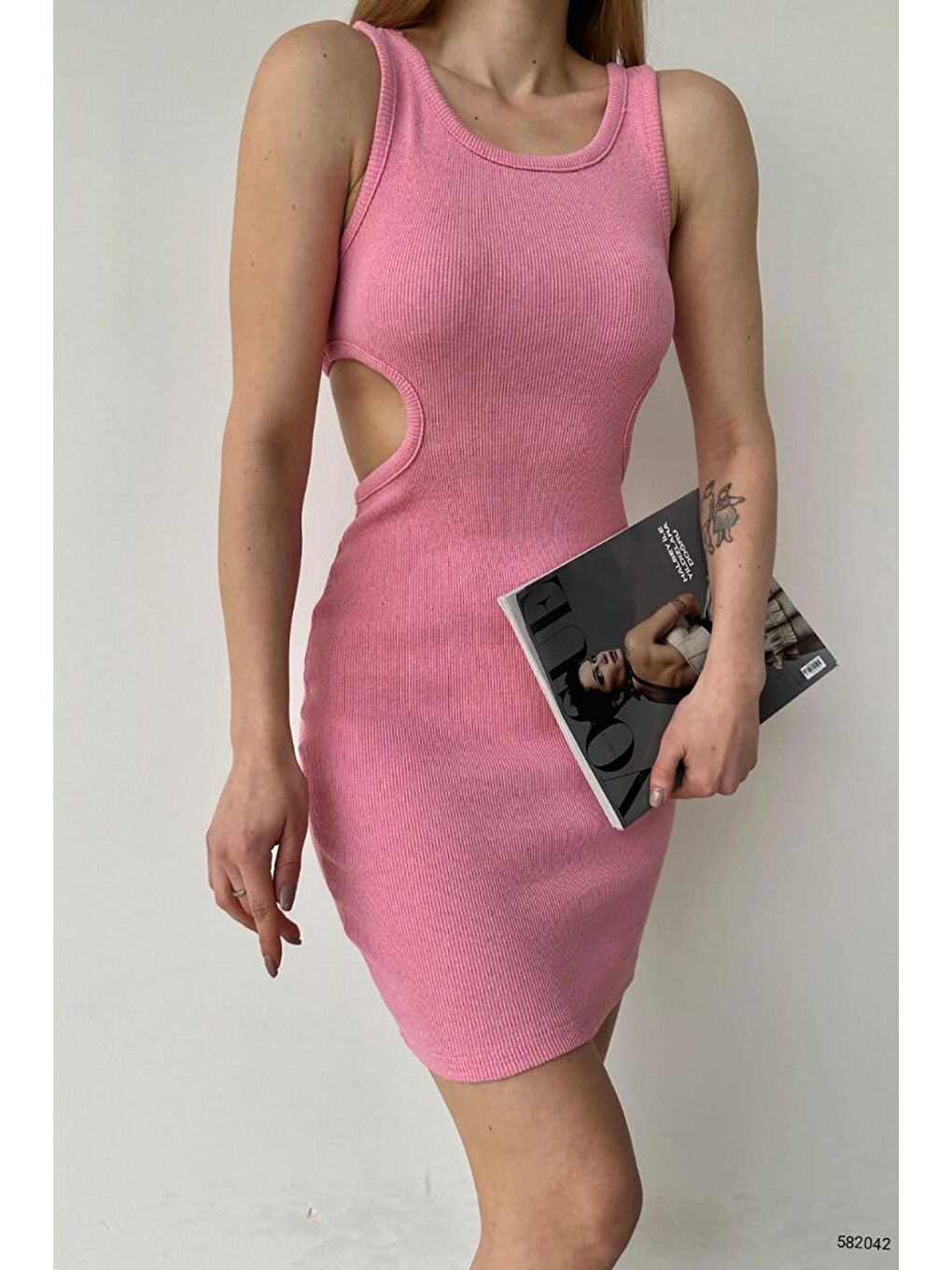 Pembe Pudra Kalın Askılı Bel Dekolte Detay Kaşkorse Kumaş Elbise-2