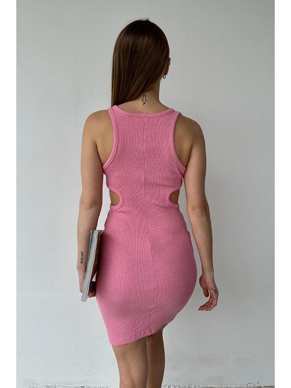 Pembe Pudra Kalın Askılı Bel Dekolte Detay Kaşkorse Kumaş Elbise-3