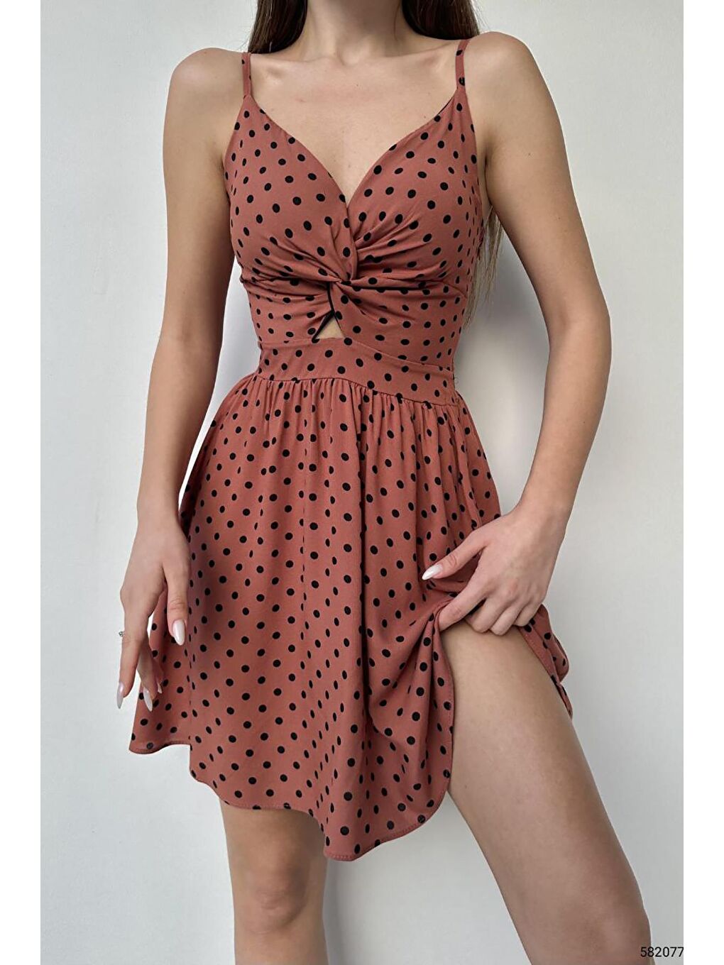 Kahverengi Kiremit Rengi Desenli Pedli Dokuma Viskon Elbise-1