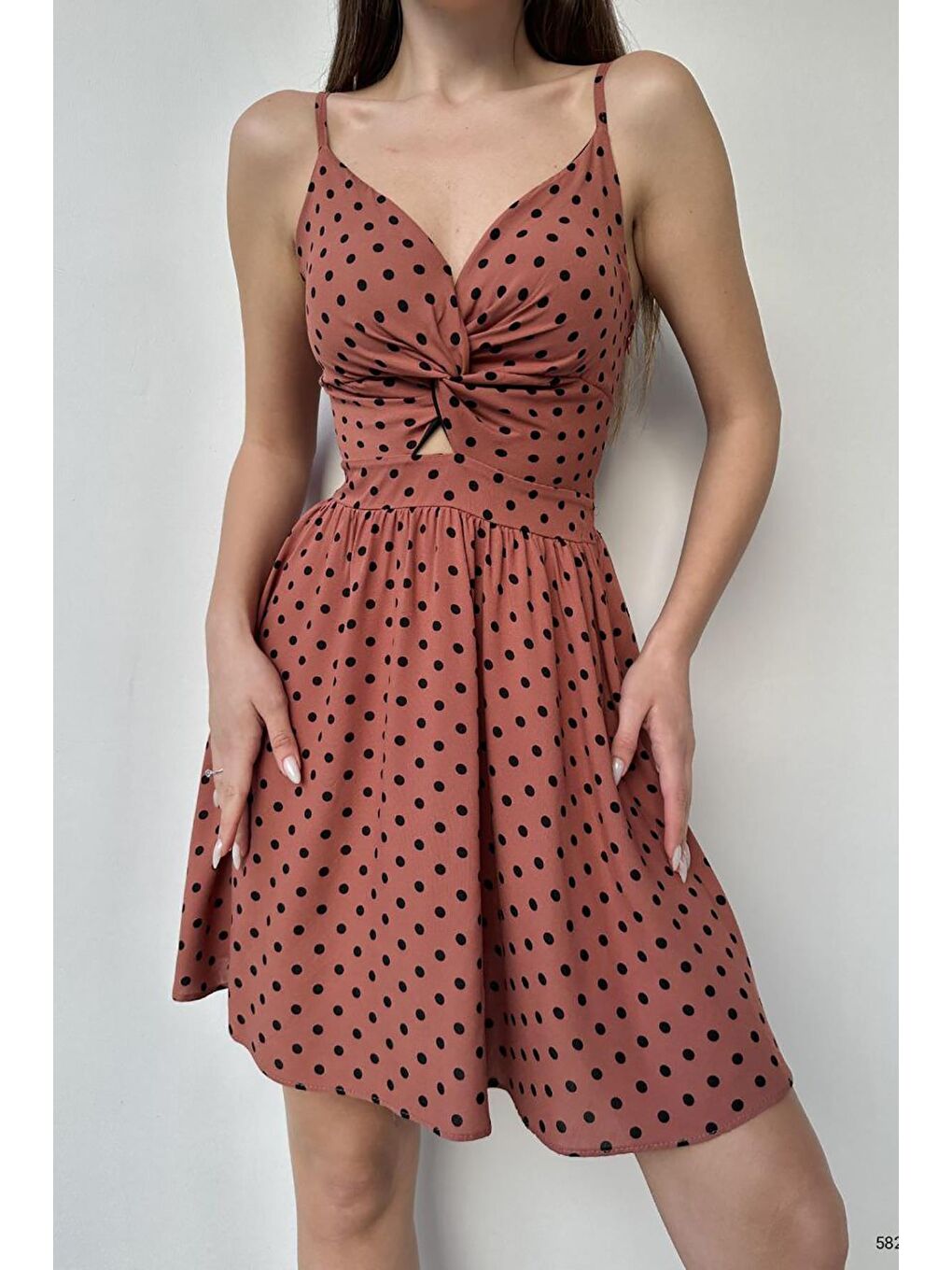 Kahverengi Kiremit Rengi Desenli Pedli Dokuma Viskon Elbise-2