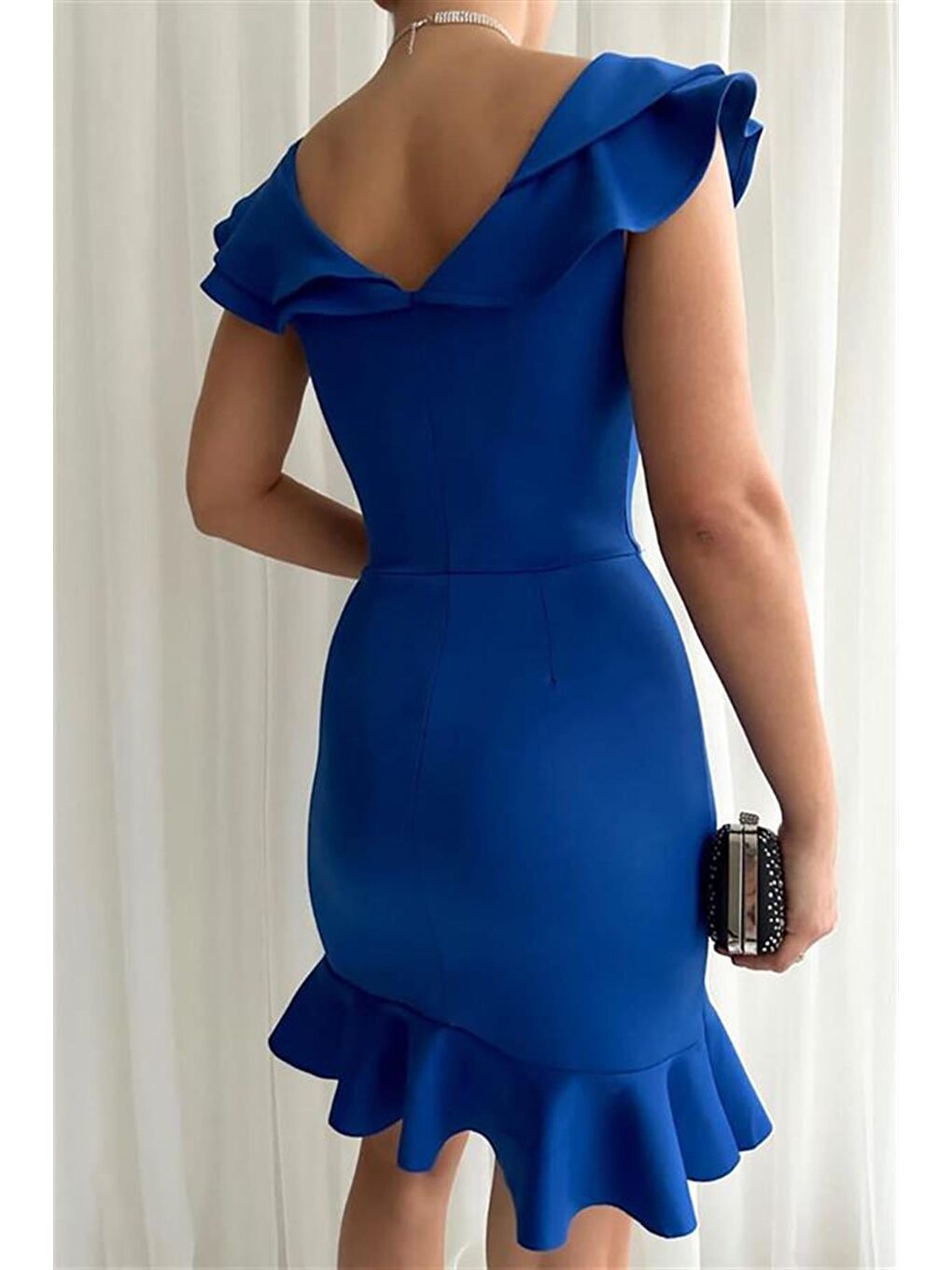 Saks Mavisi Çift Volanlı Lady Yaka Scuba Kumaş Elbise-2