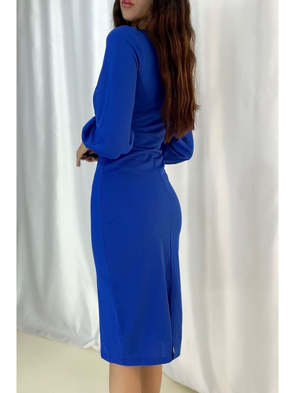 Saks Mavisi Krep Kumaş Uzun Kollu Kruvaze Yaka Elbise-1