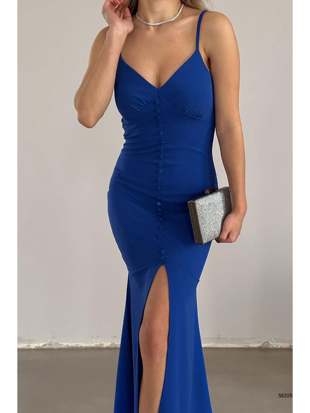 Saks Mavisi İthal Krep Kumaş İnce Askılı Düğme Detay Elbise-1