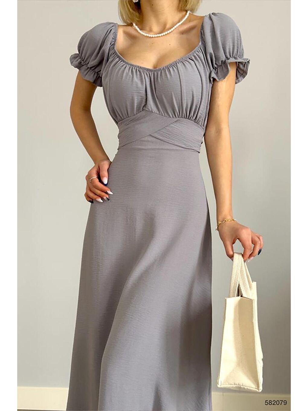 Gri Madonna Yaka Ayrobin Elbise-1