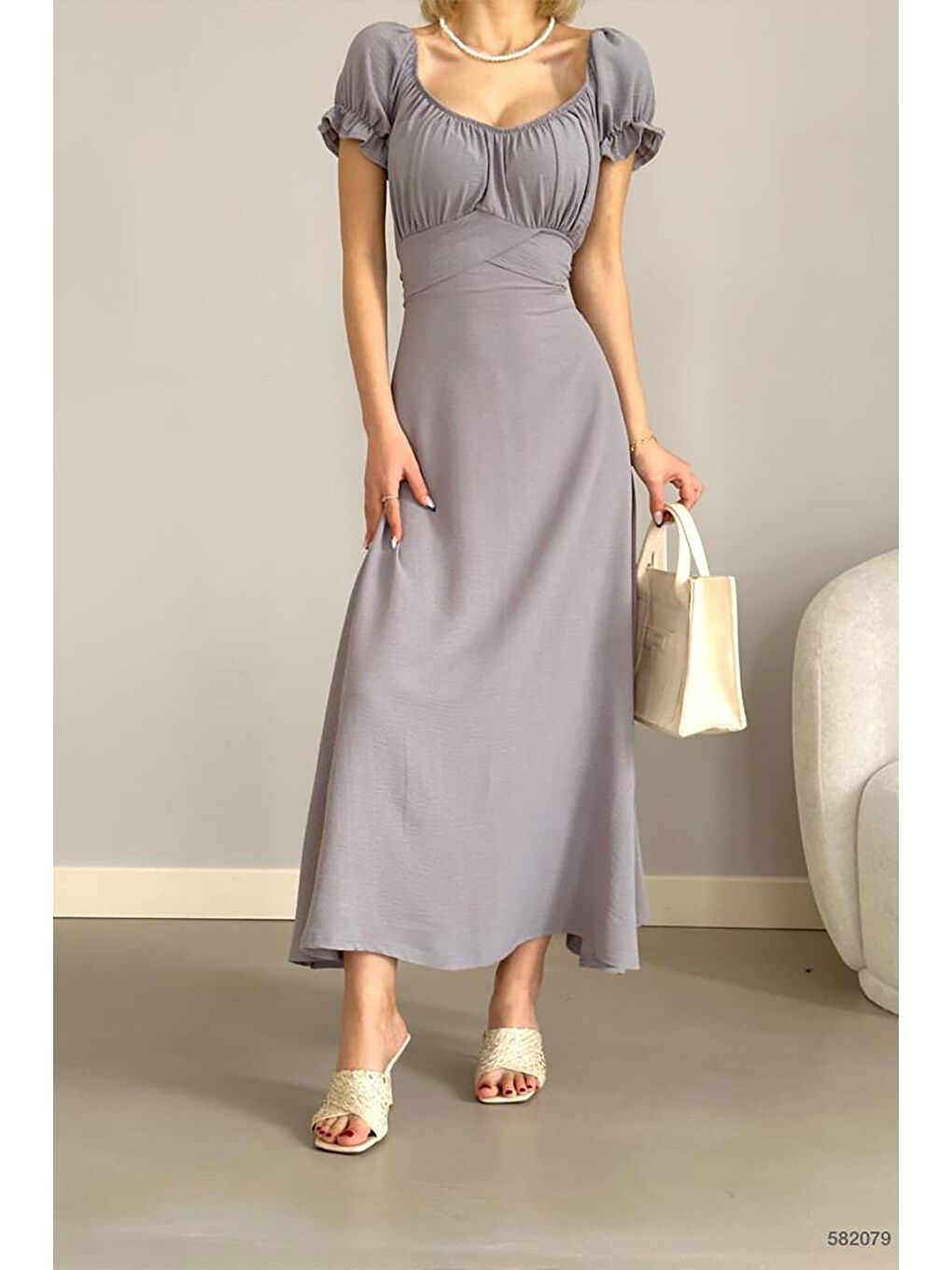 Gri Madonna Yaka Ayrobin Elbise-2