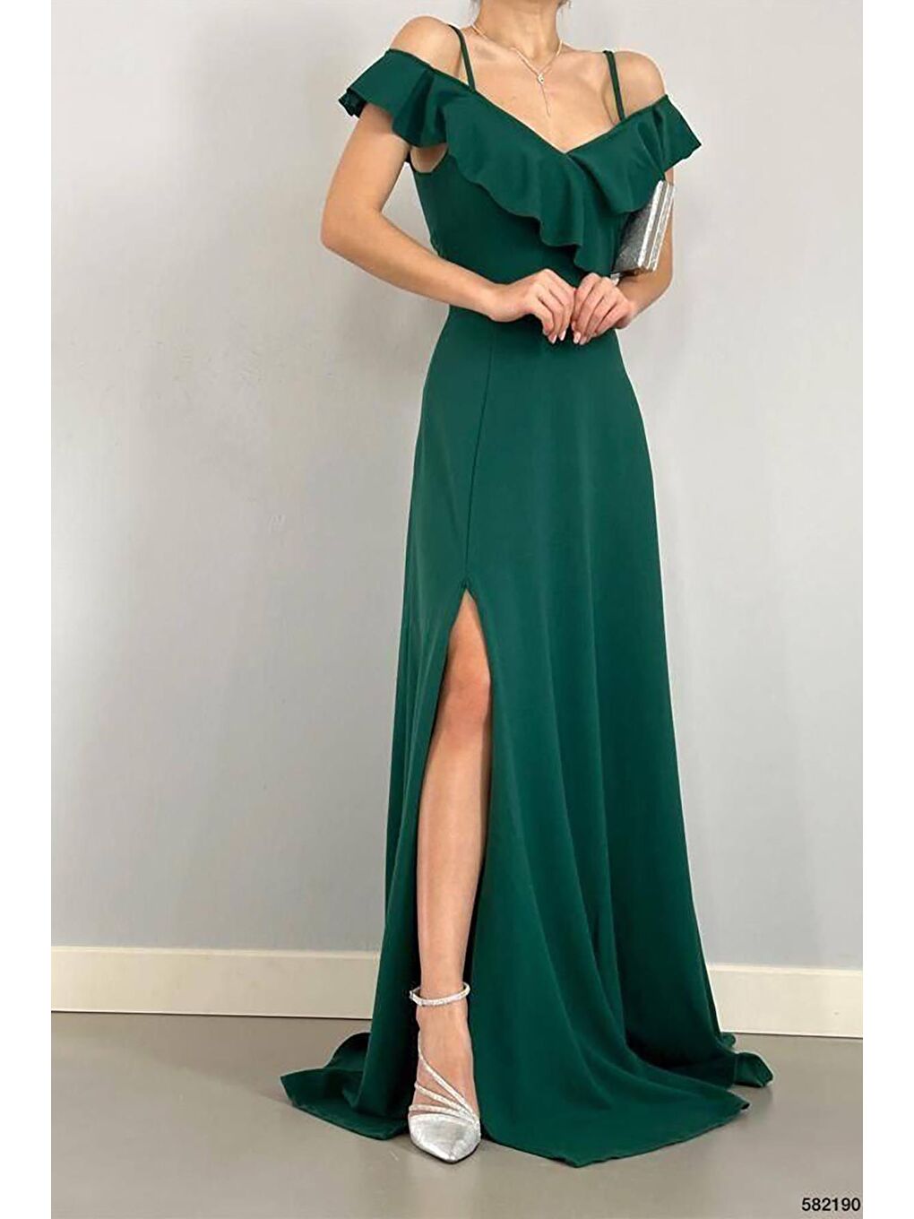 Yeşil Yaka Volanlı Krep Kumaş Uzun Abiye Elbise-1