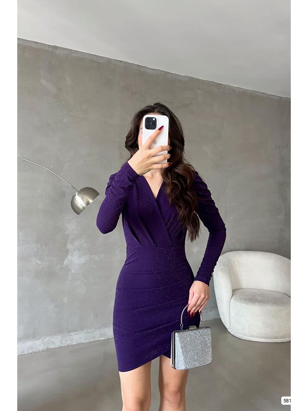 Mor Kruvaze Yaka Simli Abiye Elbise-3