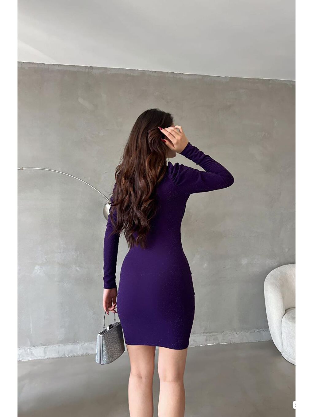 Mor Kruvaze Yaka Simli Abiye Elbise-4