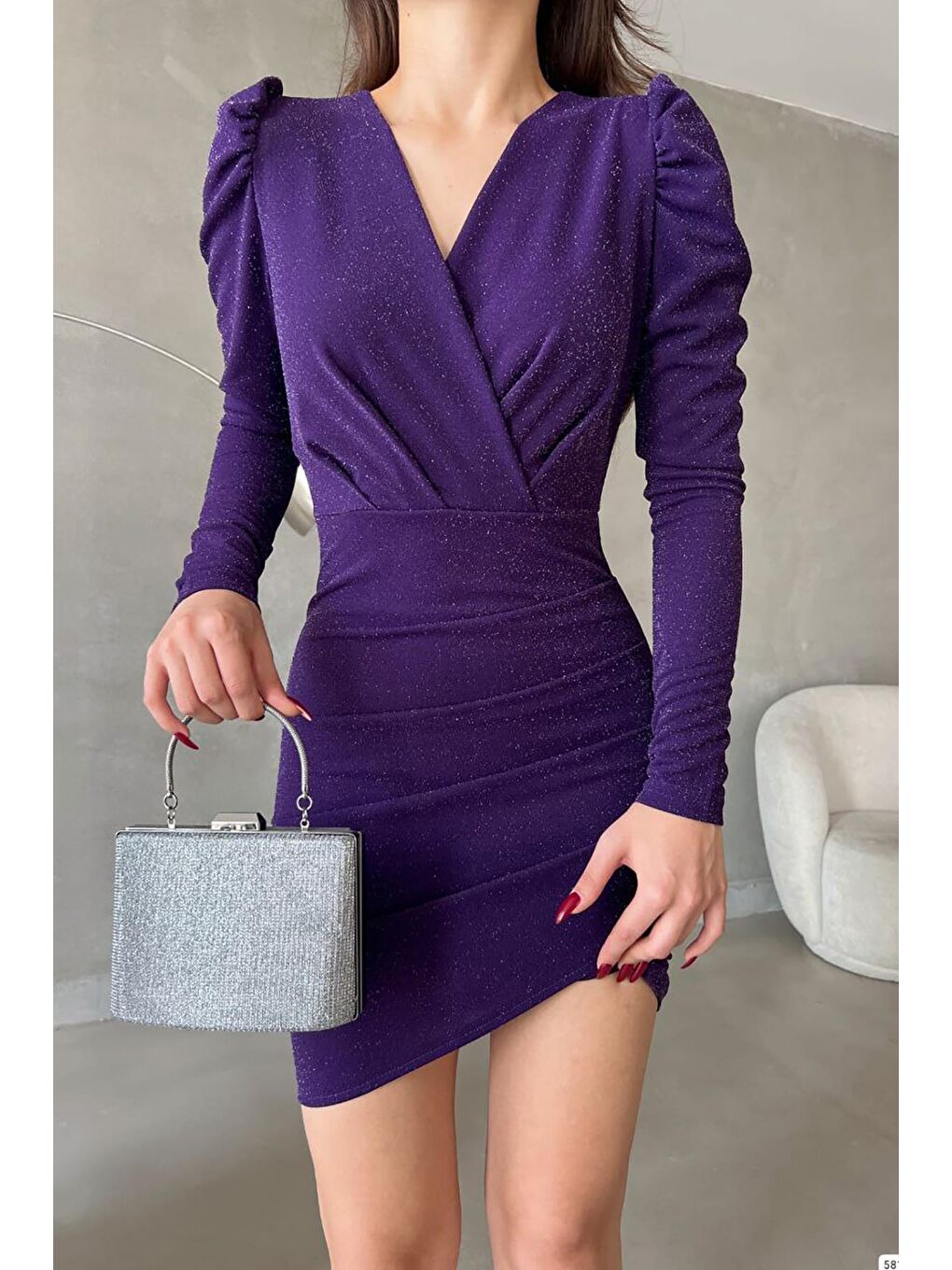 Mor Kruvaze Yaka Simli Abiye Elbise-5