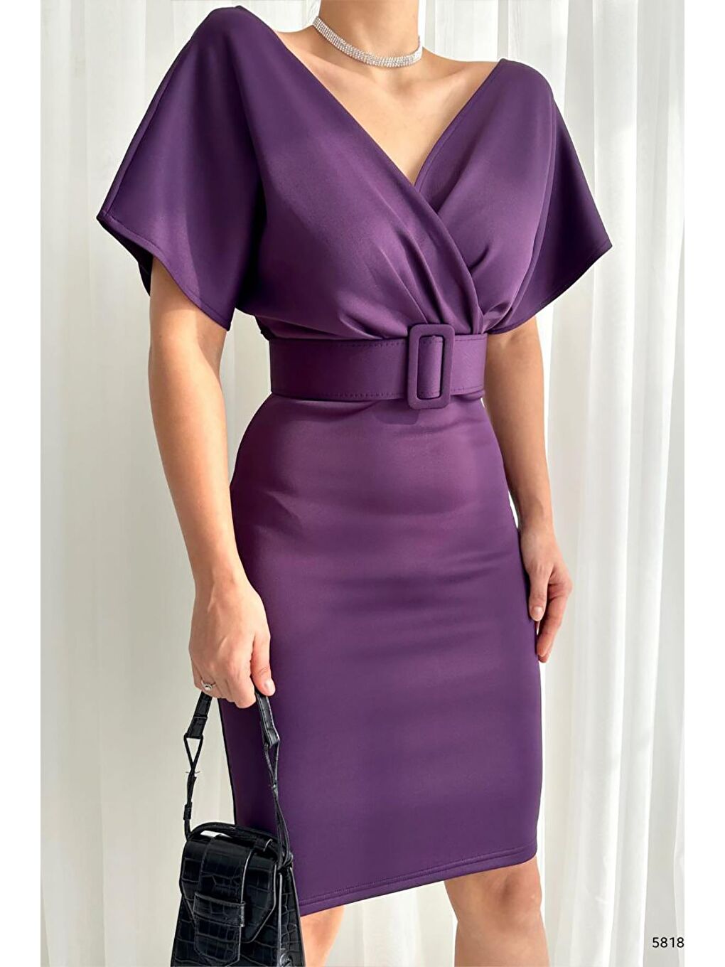 Mor Kruvaze Yaka Kemerli Scuba Elbise