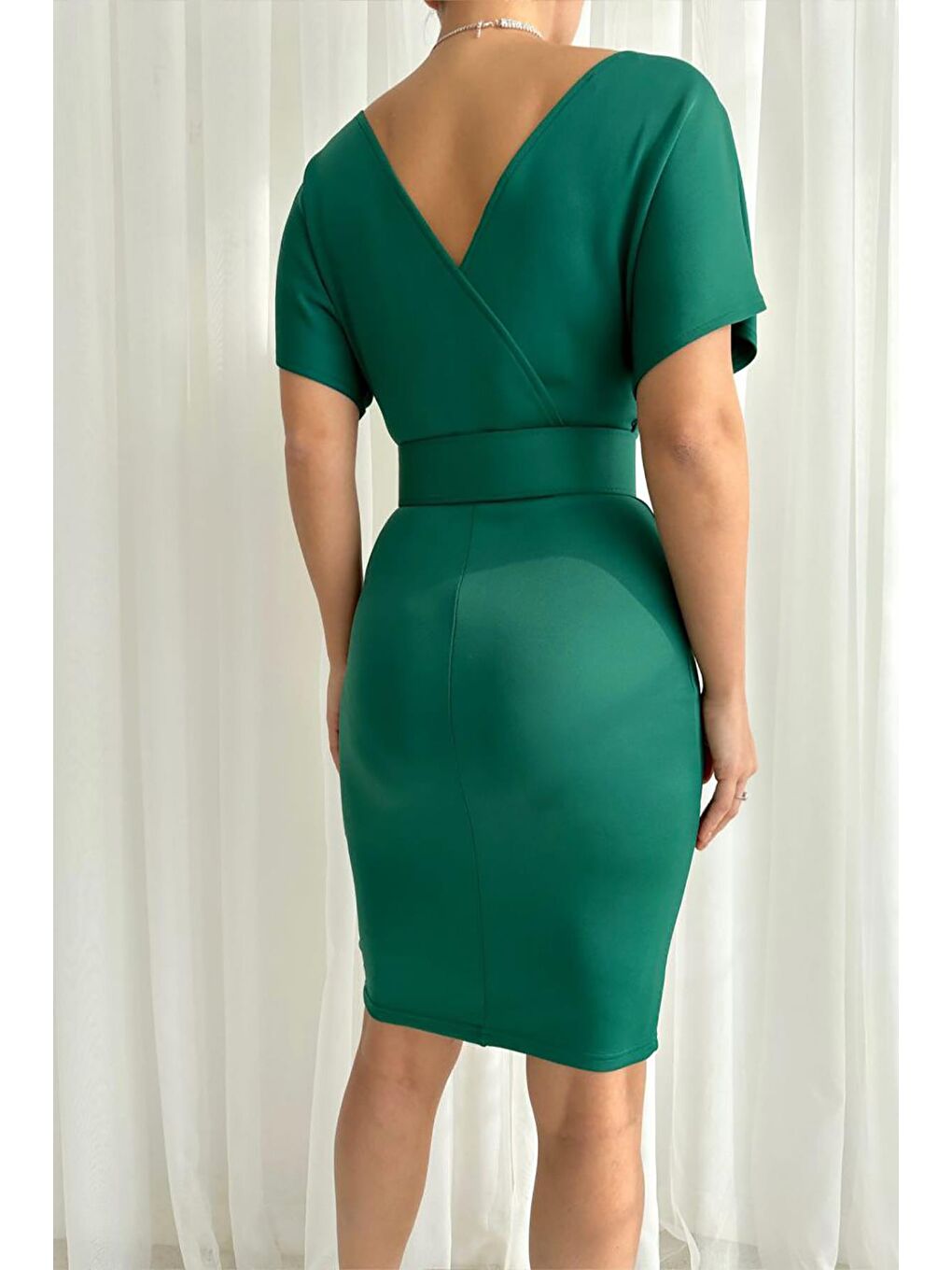 Yeşil Kruvaze Yaka Kemerli Scuba Elbise-4