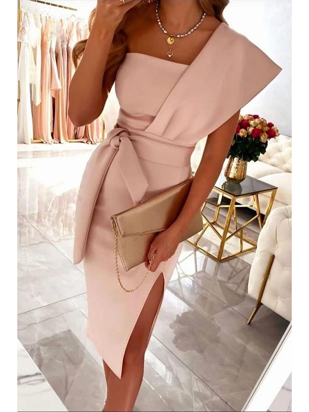 Pembe Pudra Esnek Scuba Kumaş Kuşaklı Davet Elbisesi