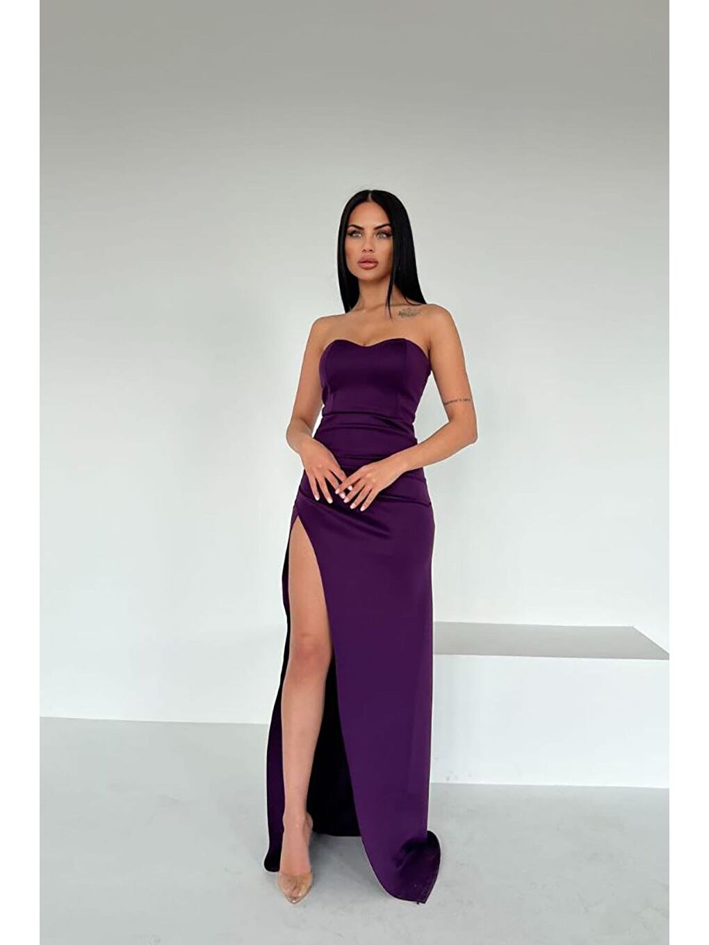 Mor Kalp Yaka Derin Yırtmaç Detaylı Scuba Kumaş Elbise-2