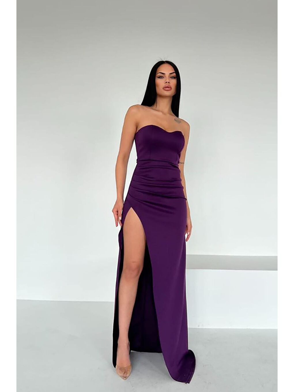 Mor Kalp Yaka Derin Yırtmaç Detaylı Scuba Kumaş Elbise-3