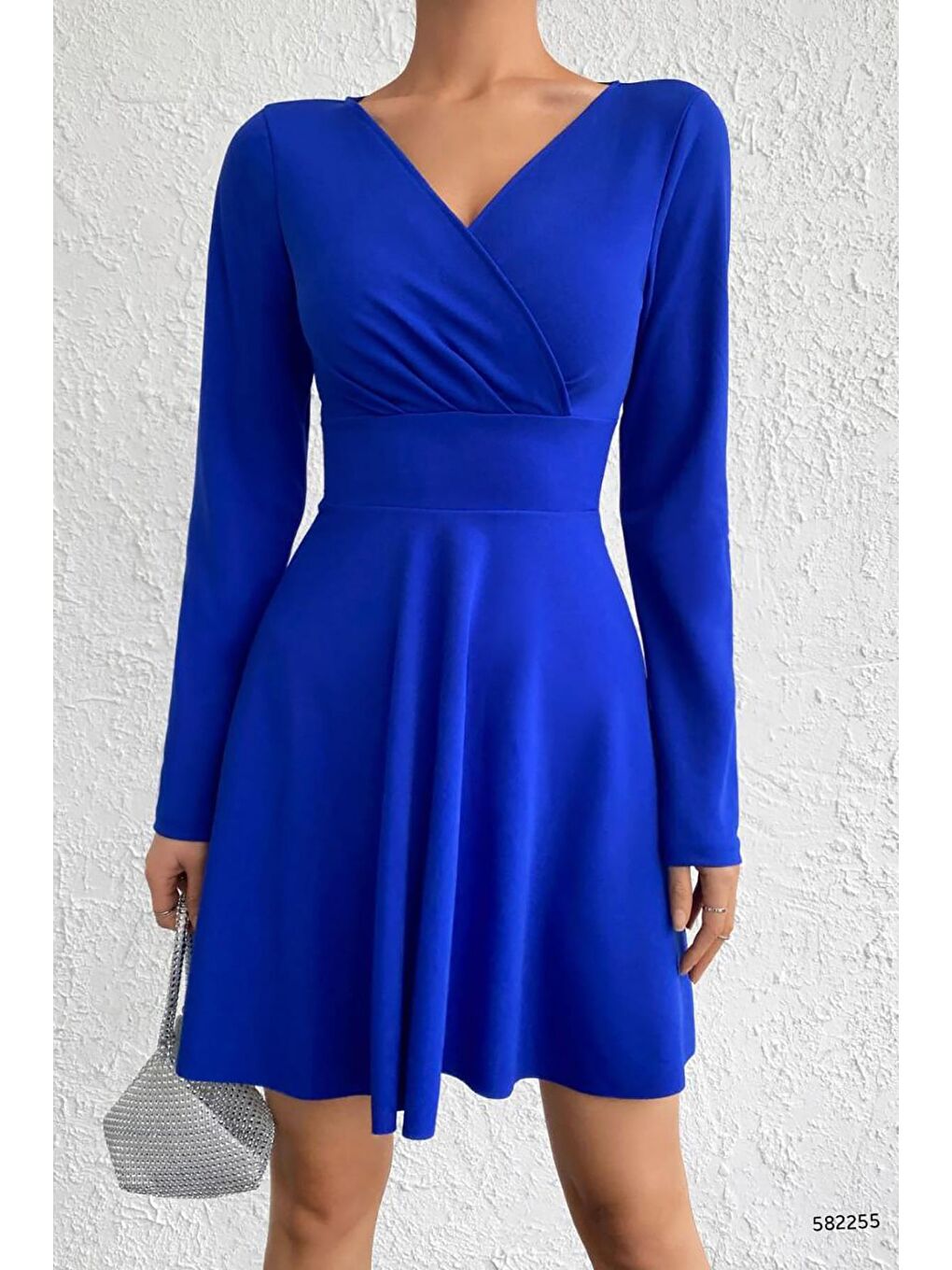 Saks Mavisi Kruvaze Yaka Krep Kumaş Uzun Kol Kloş Elbise