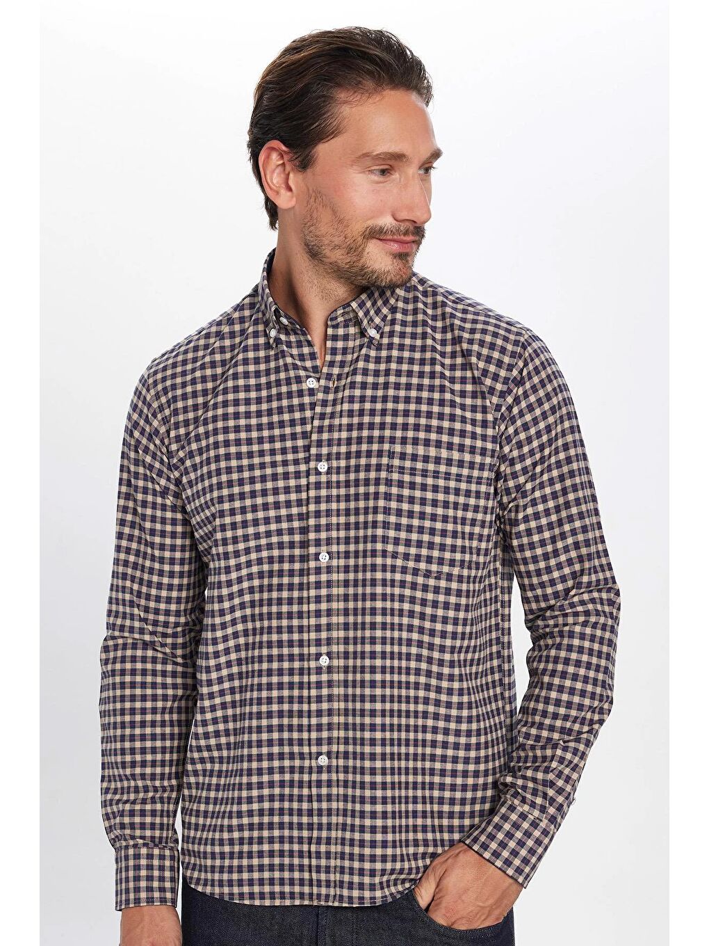 Karışık Erkek Regular Fit Klasik Kesim Düğmeli Yaka Küçük Kareli Pamuklu Gömlek-5