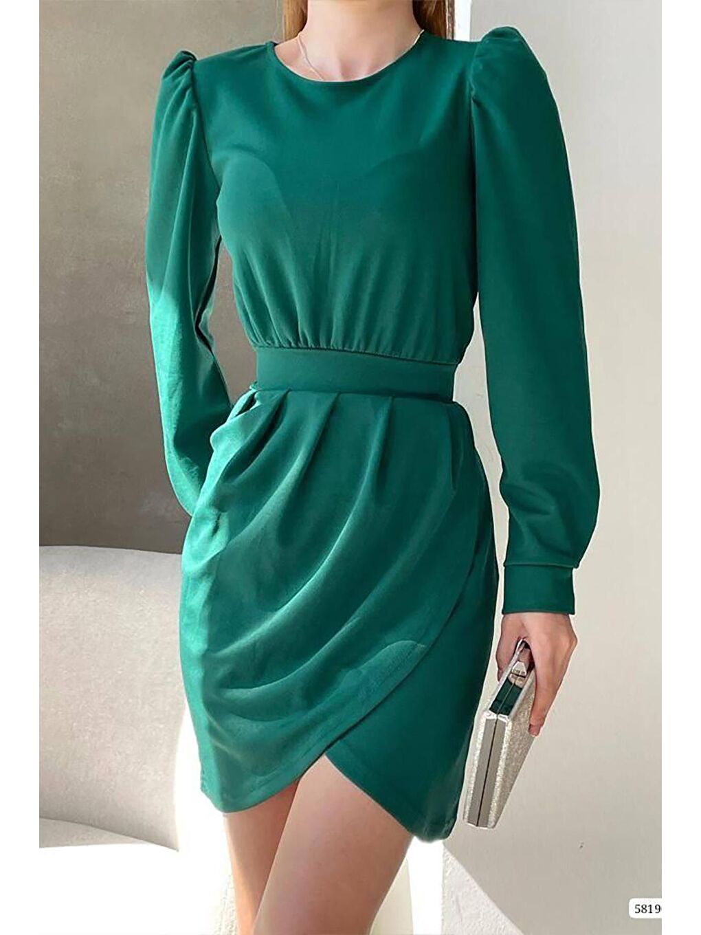 Yeşil Krep Kumaş Uzun Kollu Katlamalı Elbise