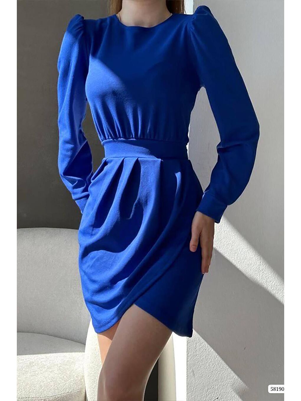 Mavi Krep Kumaş Uzun Kollu Katlamalı Elbise-1