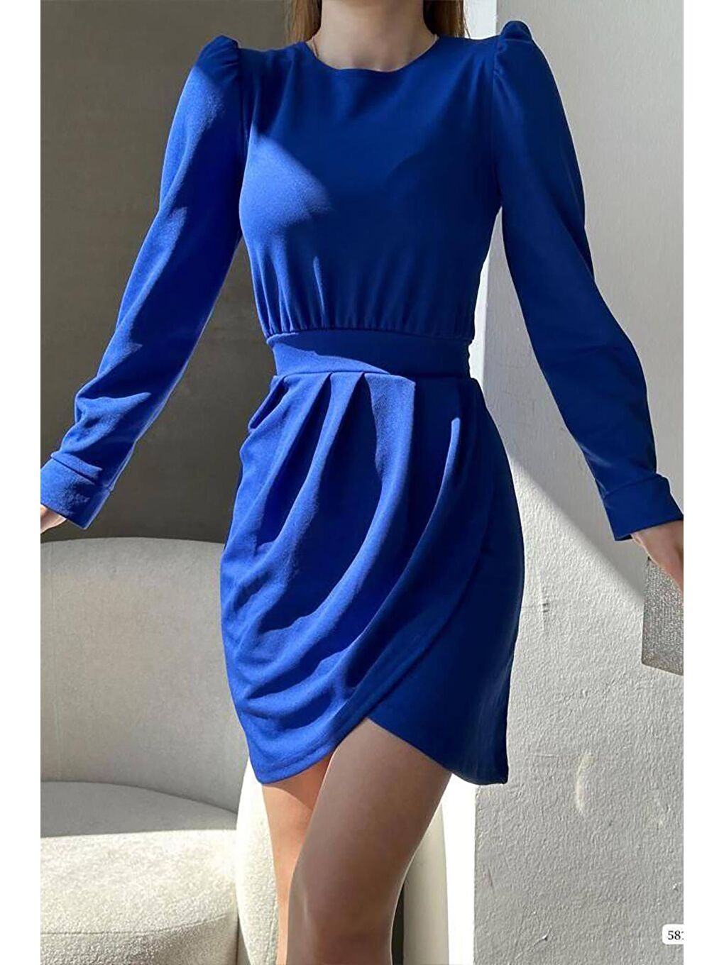 Mavi Krep Kumaş Uzun Kollu Katlamalı Elbise-2