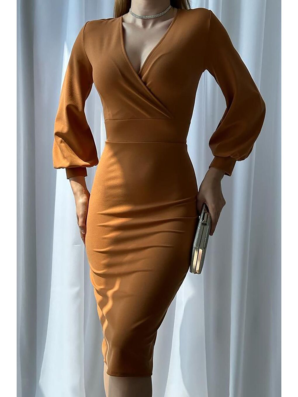 Kahverengi Kiremit Rengi Krep Kumaş Uzun Kollu Kruvaze Yaka Elbise