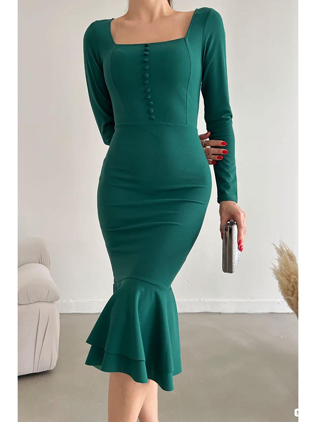 Yeşil Düğme Detay Balık Model Midi Boy Uzun Kollu Elbise-2