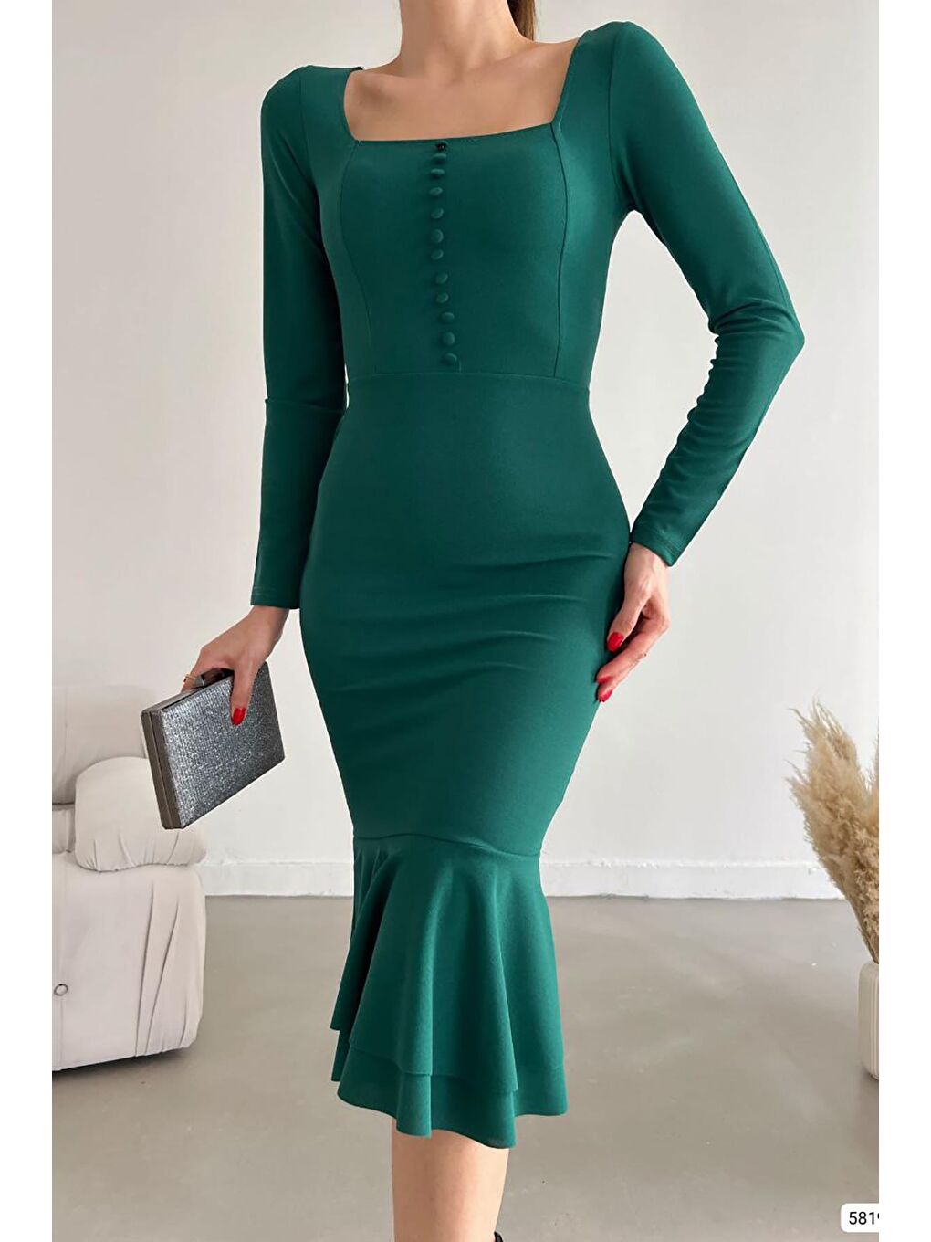 Yeşil Düğme Detay Balık Model Midi Boy Uzun Kollu Elbise-3