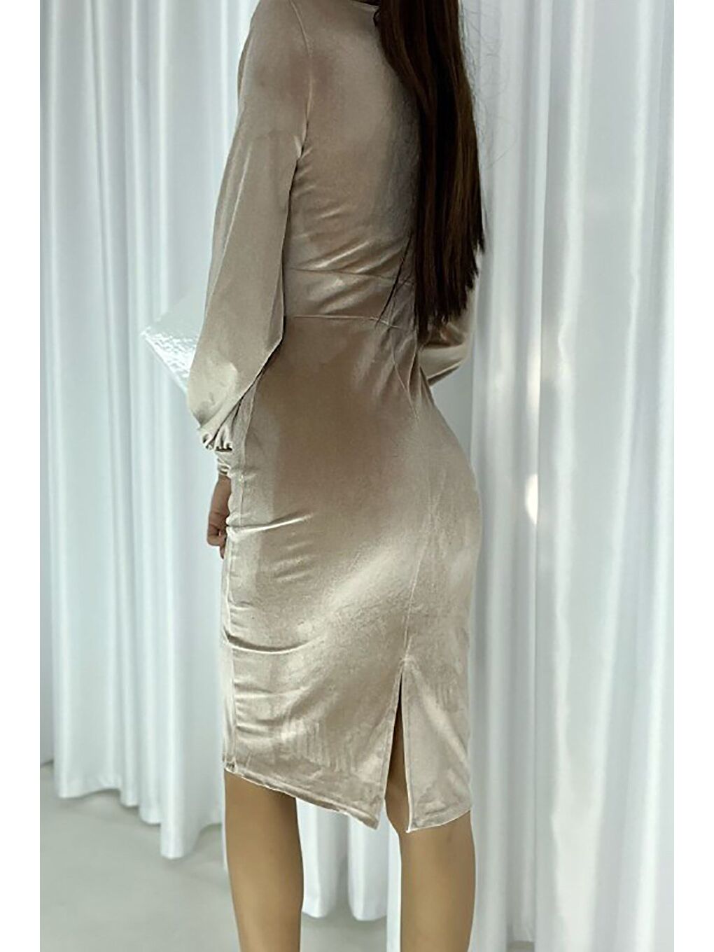 Sarı Bronz Kadife Kumaş Uzun Kollu Kruvaze Elbise-1